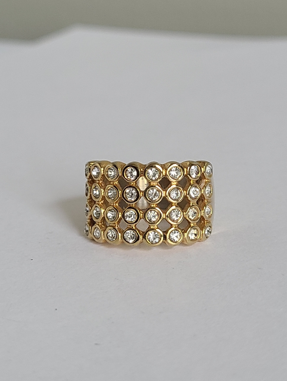 Vintage Gold Plated Stainless Steel Chunky Rhinestone Cluster 4 Row Wide Ring